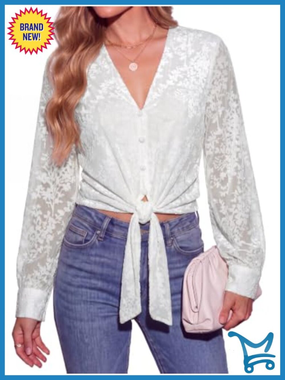 Womens Velvet Jacquard Floral V-Neck Tie Front Crop Top Long Sleeve